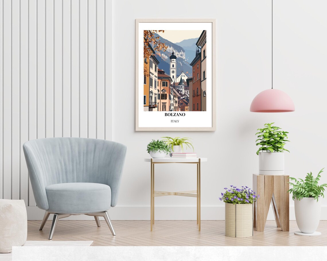 Bolzano Italy Alpine Old Town Church Tower Mountain View Poster - Image 2