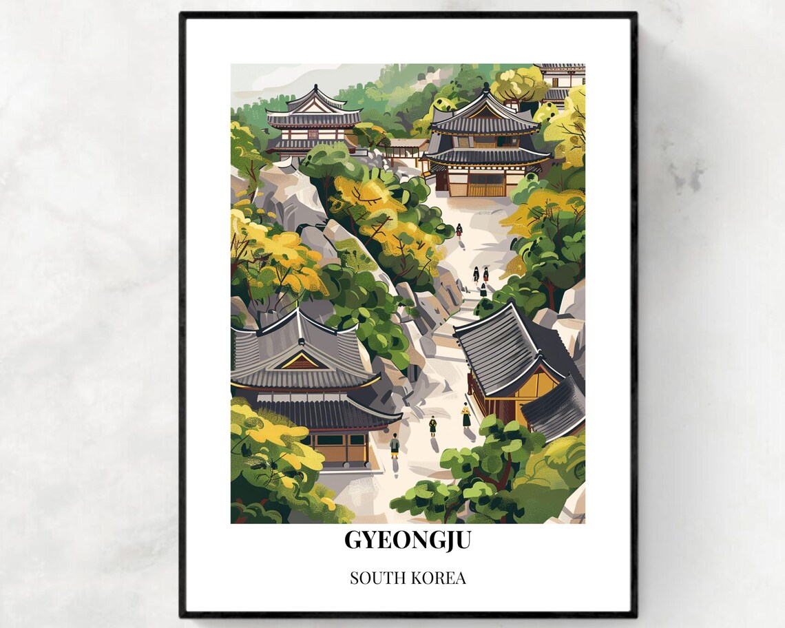 Gyeongju South Korea Temple Gardens Hills Travel Poster Illustrated