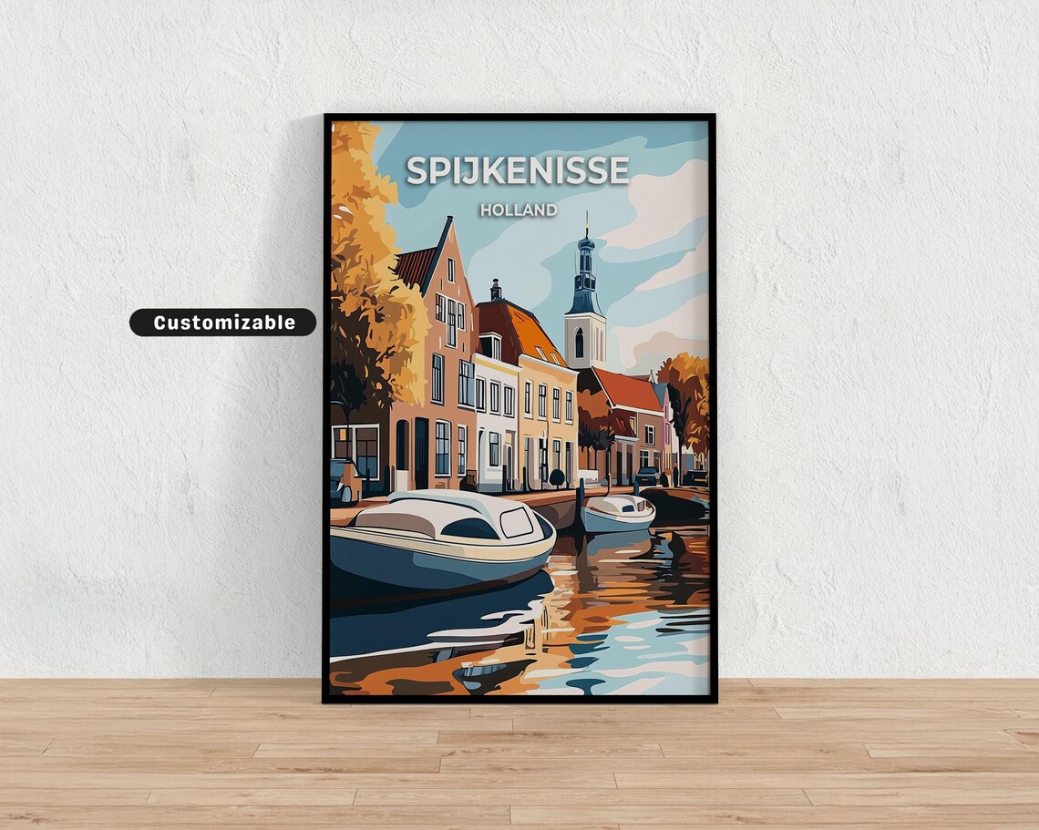 Spijkenisse Holland Canal Boats Brick Church Tower Travel Poster