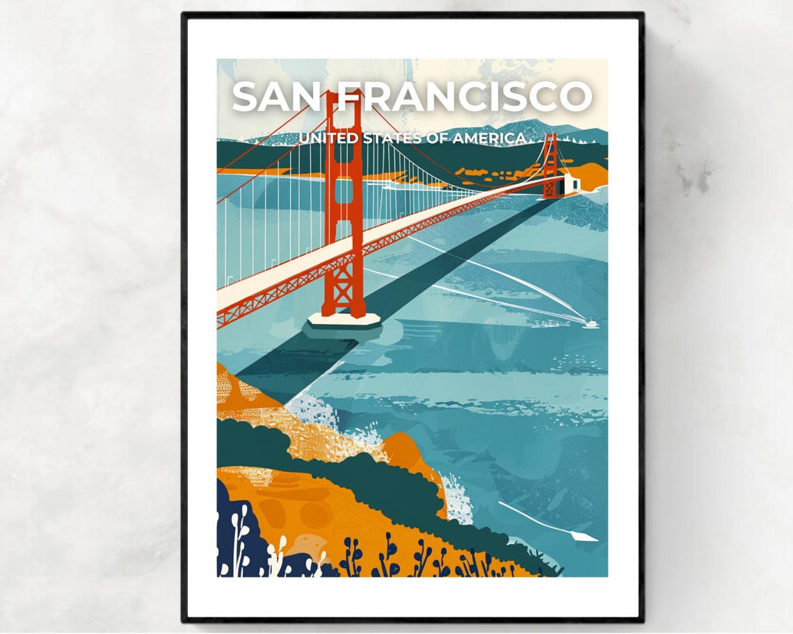 San Francisco Golden Gate Bridge Coastal View Vintage Travel Poster