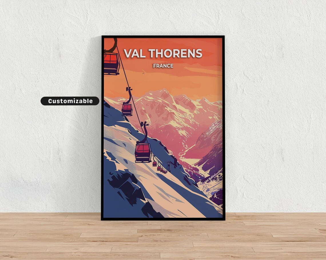 Val Thorens France Ski Gondola Sunset Vintage Alpine Travel Poster