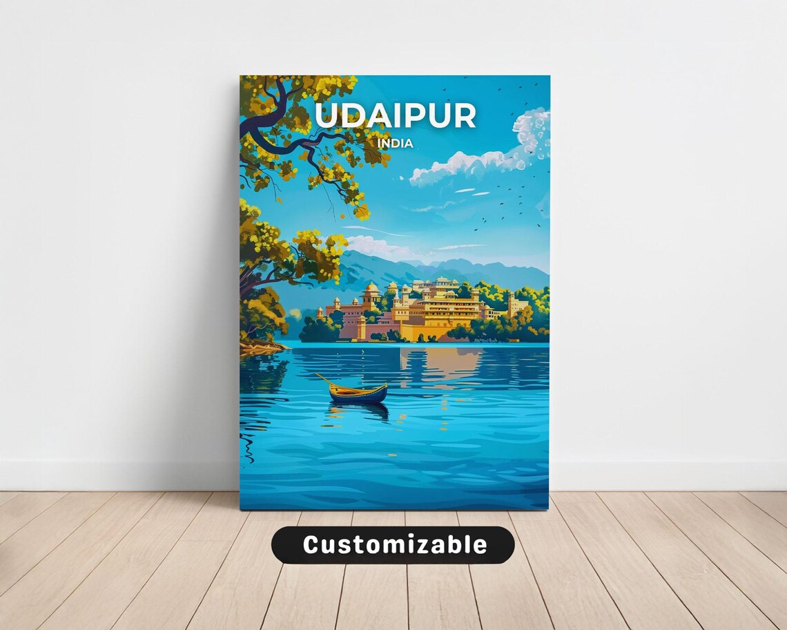 Udaipur India Lake Palace Blue Waterfront Boat Mountain Travel Poster