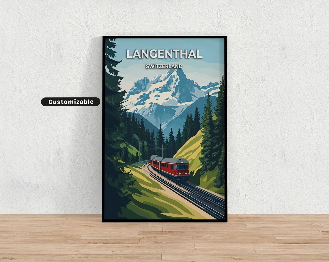 Langenthal Switzerland Red Train Alpine Mountain Travel Poster Art
