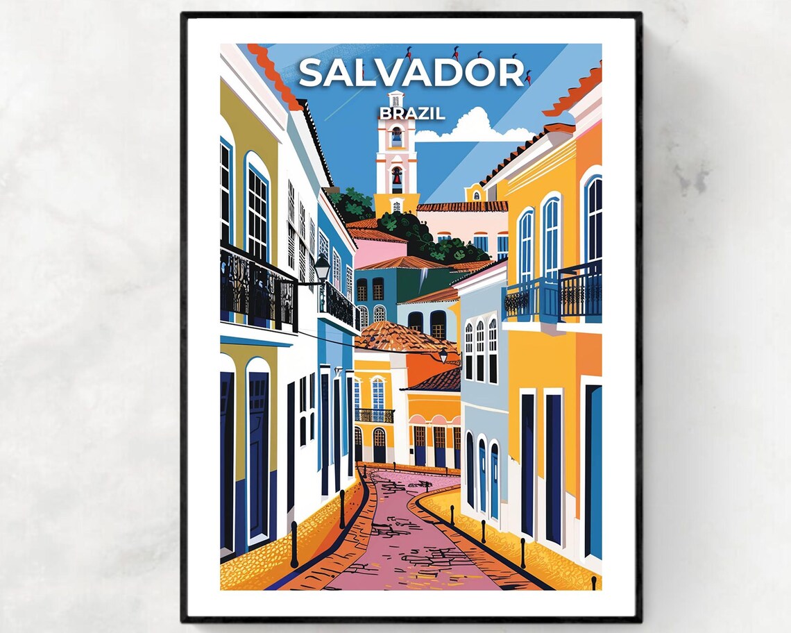 Salvador Brazil Pelourinho Colorful Colonial Street Church Poster