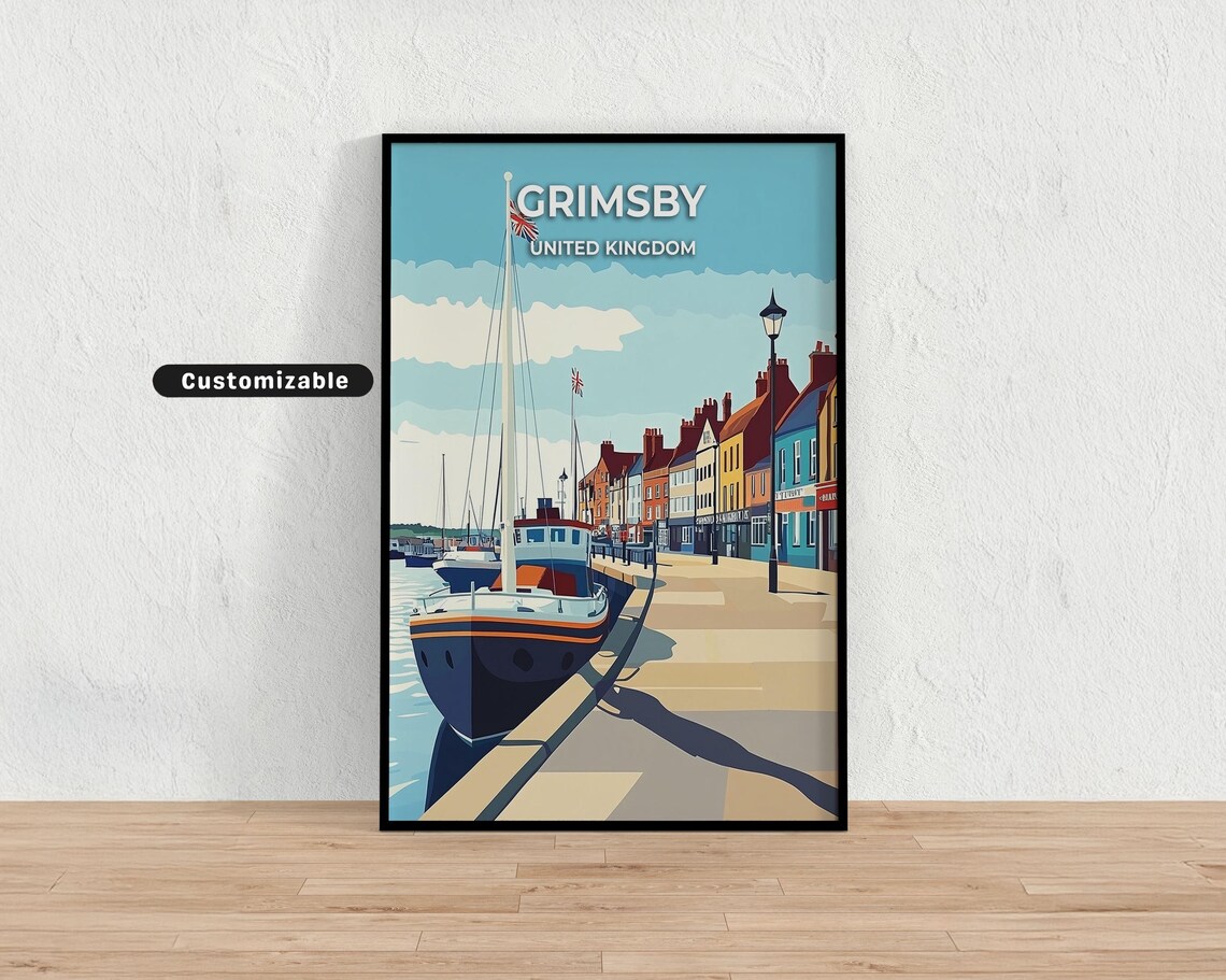 Grimsby United Kingdom Fishing Boat Waterfront Harbor Travel Poster