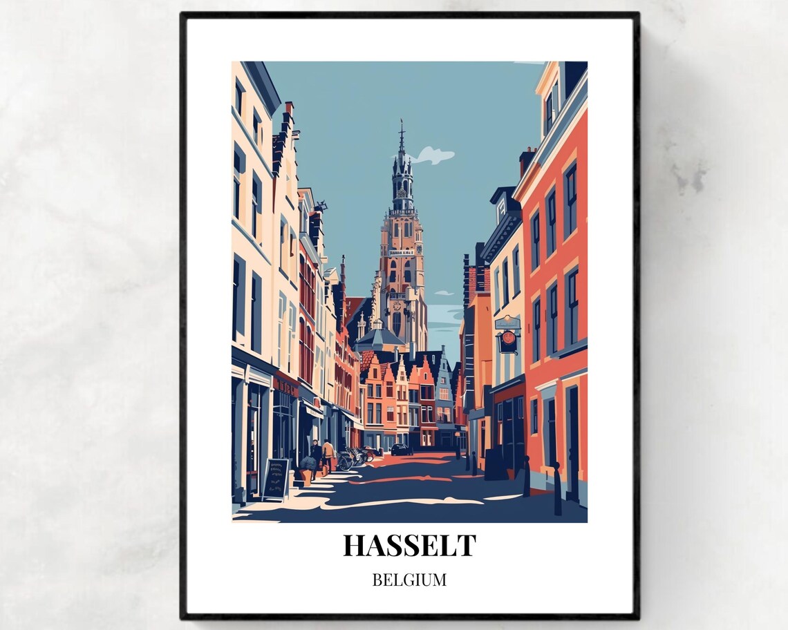 Hasselt Belgium Street Leading to Cathedral Retro Travel Poster