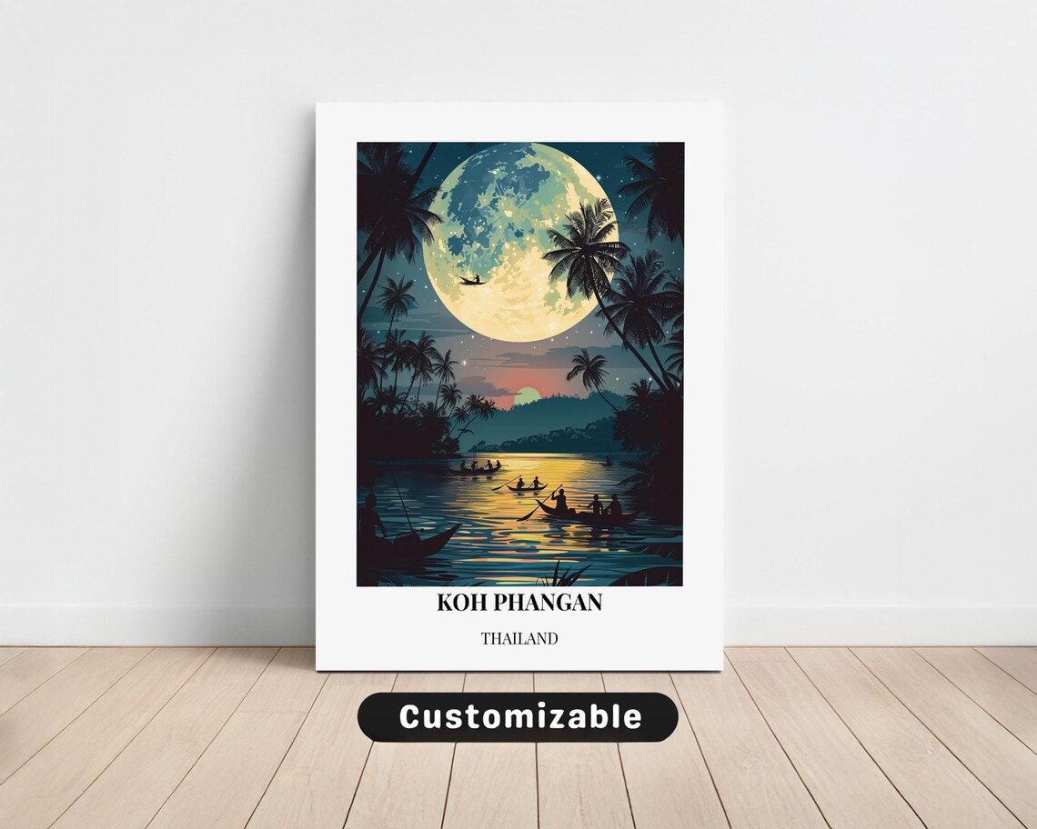 Koh Phangan Thailand Full Moon Fishermen Night Travel Art Poster