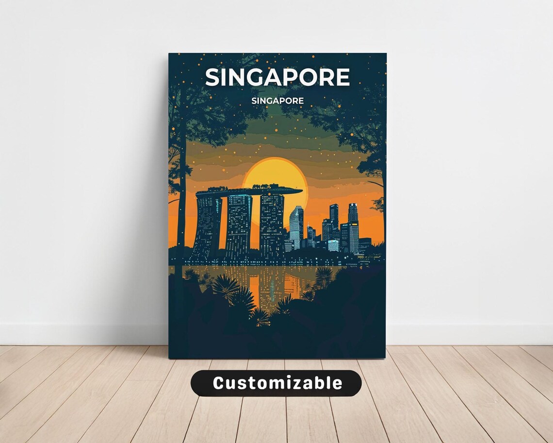 Singapore Marina Bay Sands Sunset Skyline Retro Travel Poster