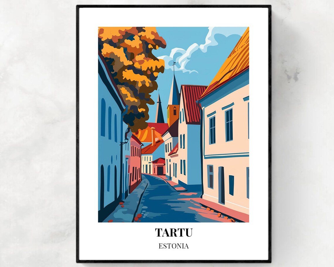 Charming Tartu Old Town Street with Autumn Colors Estonia Poster
