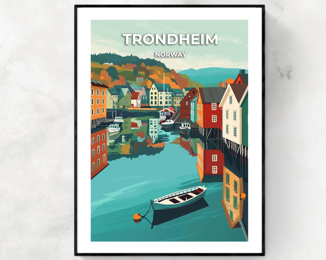 Trondheim Norway Riverfront Harbor Autumn Vintage Travel Poster