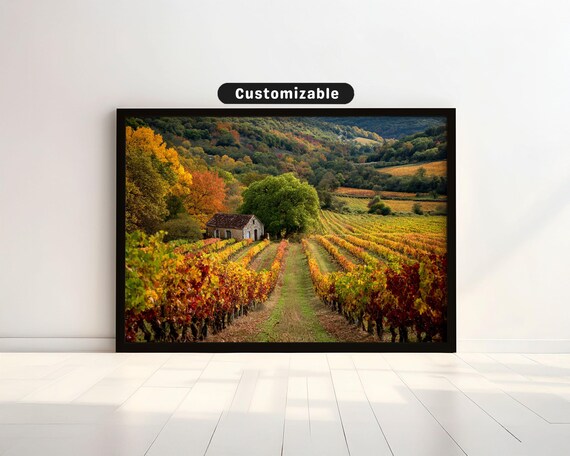 Autumn Vineyard Rows Stone Farmhouse Golden Fall Landscape Poster