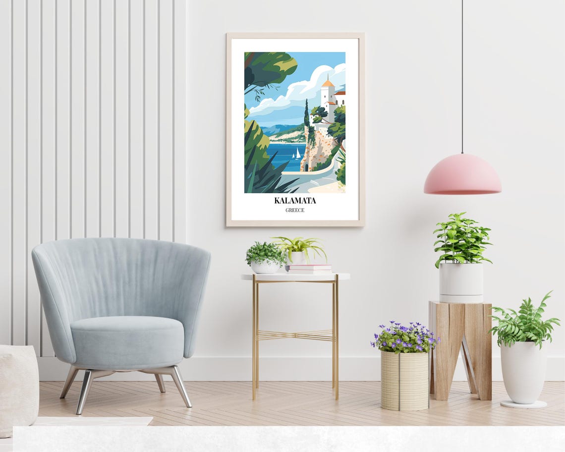 Kalamata Greece Cliffside Villa Sailboat Seaside Travel Poster - Image 2