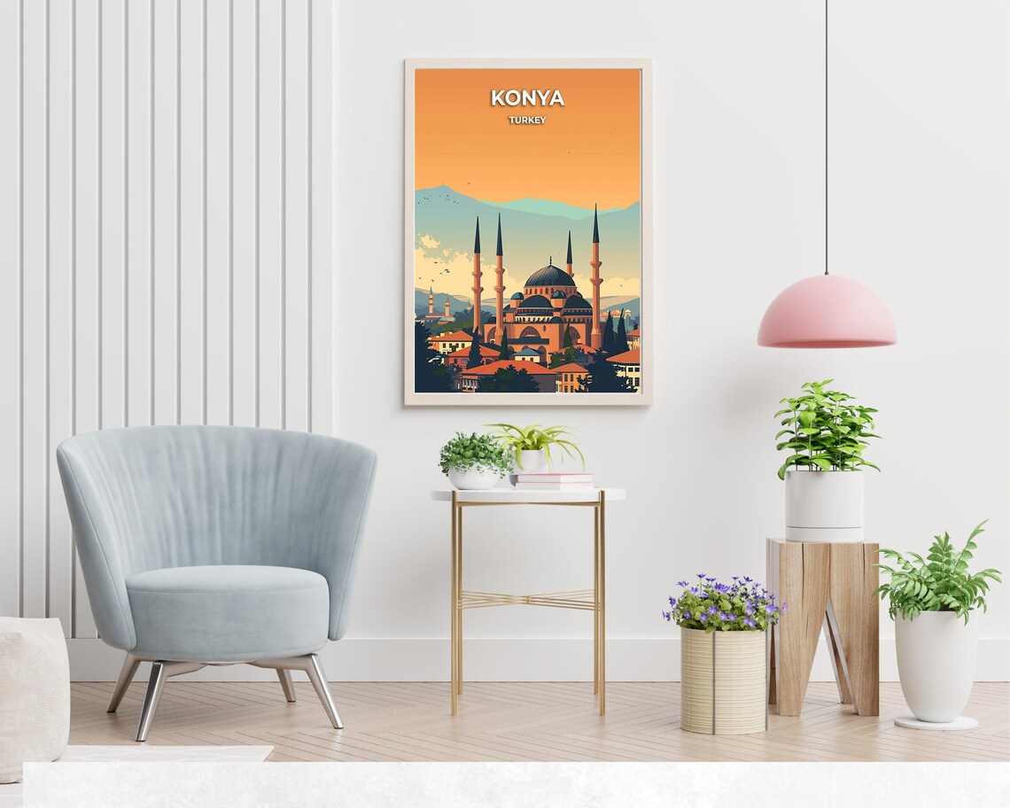 Konya Mosque Minarets at Golden Sunset Over Turkey Travel Poster - Image 2