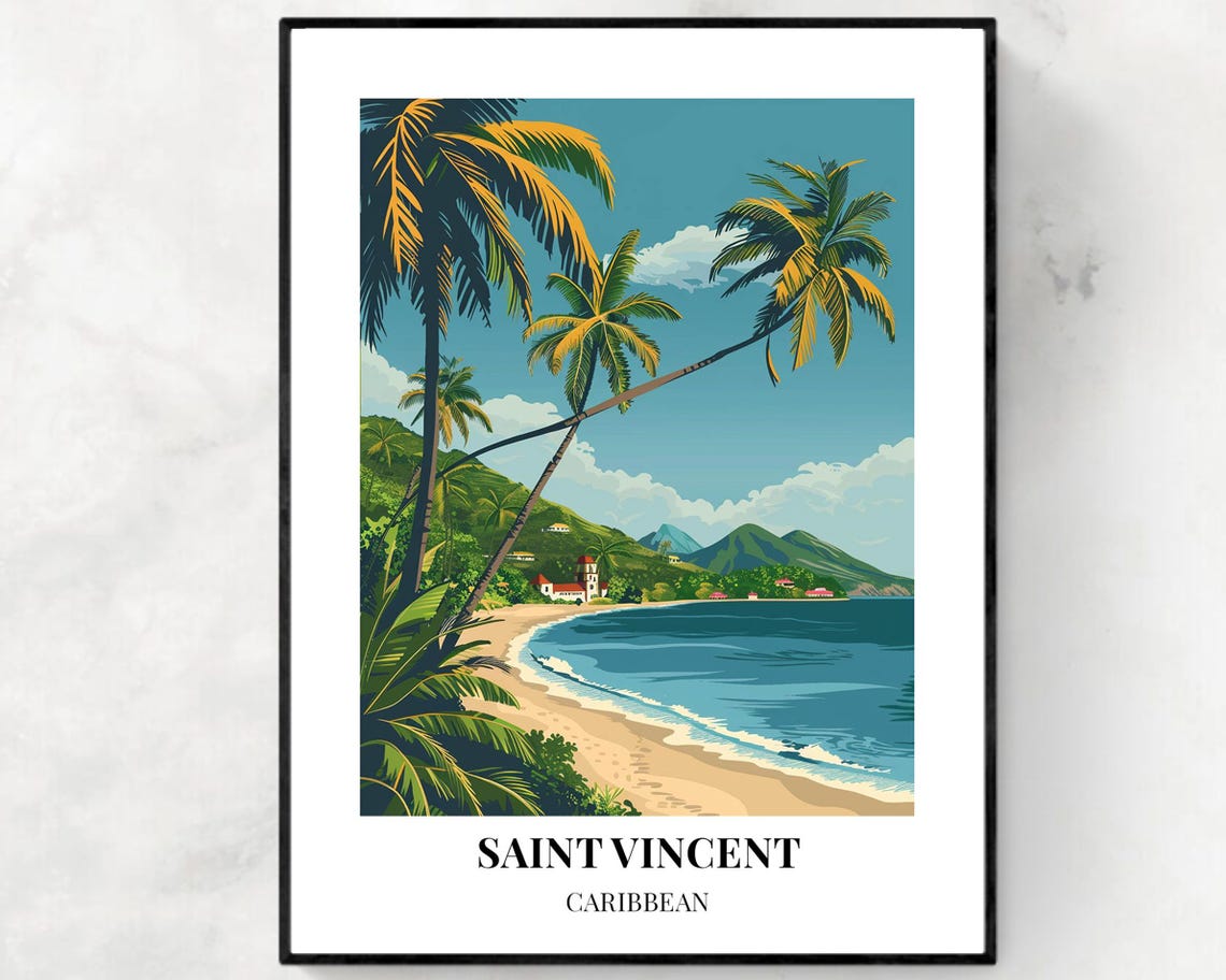 Saint Vincent Caribbean Palm Beach Hills Illustrated Travel Poster