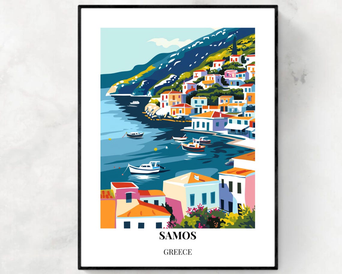 Samos Greece Harbor Village Pastel Houses Travel Poster Artwork