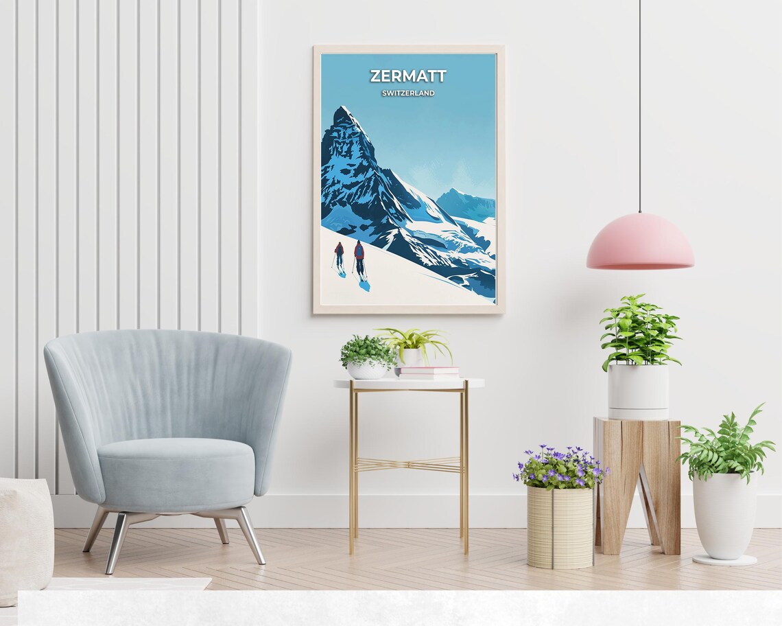 Zermatt Switzerland Two Skiers Beneath Majestic Matterhorn Peak Poster - Image 2