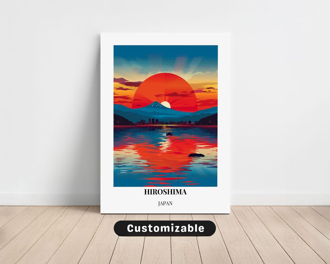 Hiroshima Japan Sunset Travel Poster with Red Sun Over Water