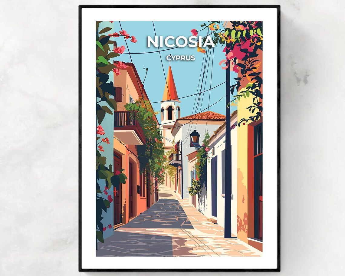 Nicosia Cyprus Flower Lined Old Street Bougainvillea Travel Poster