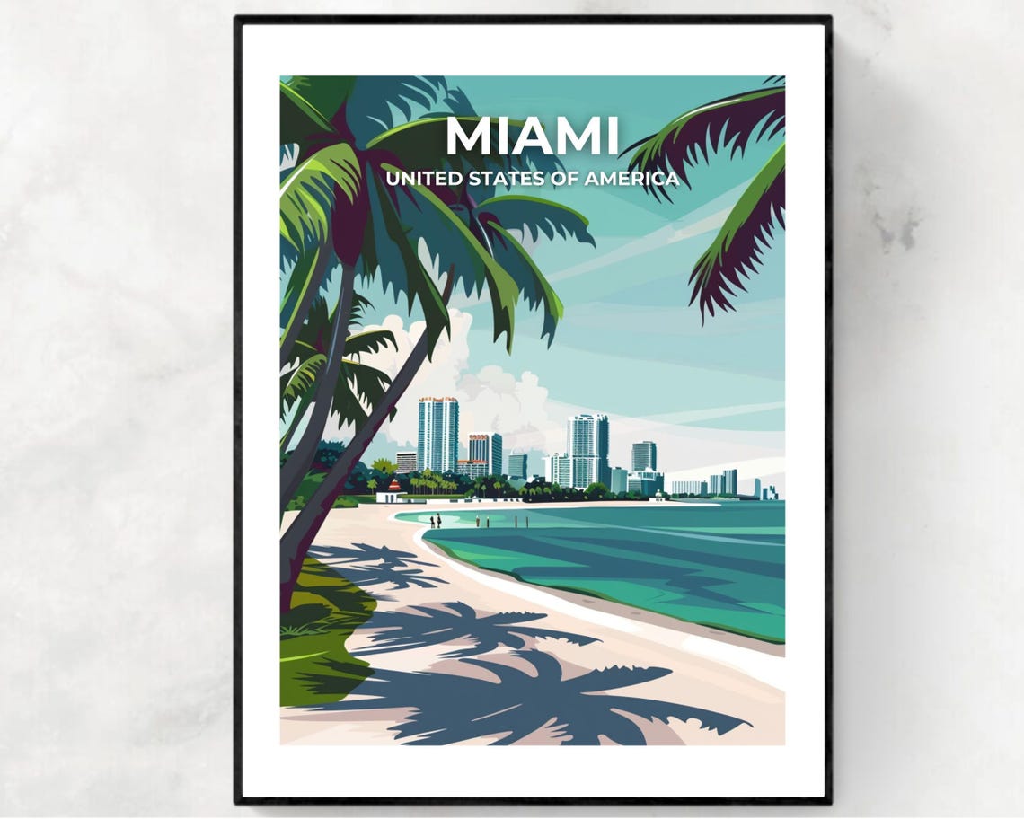 Miami Florida Beach Skyline Palm Trees Modern Retro Travel Poster