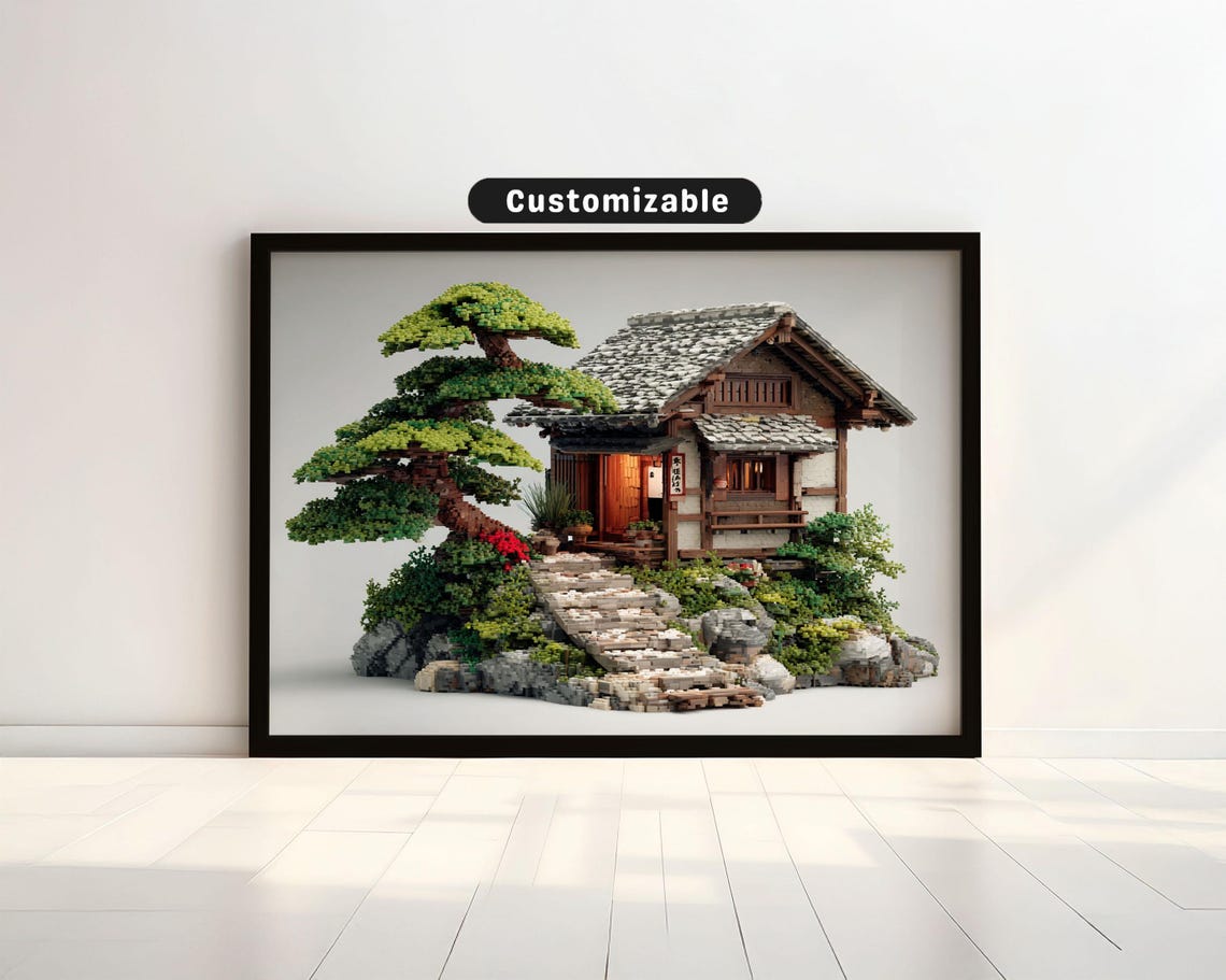 Traditional Samurai House With Stone Garden And Bonsai Japanese Wall Art Print Zen Asian Decor