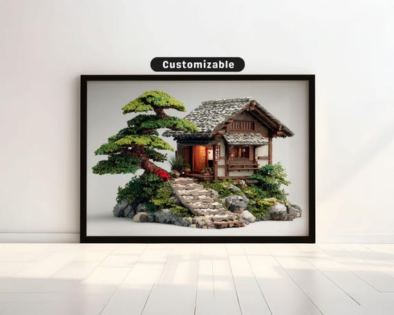 Traditional Samurai House With Stone Garden And Bonsai Japanese Wall Art Print Zen Asian Decor
