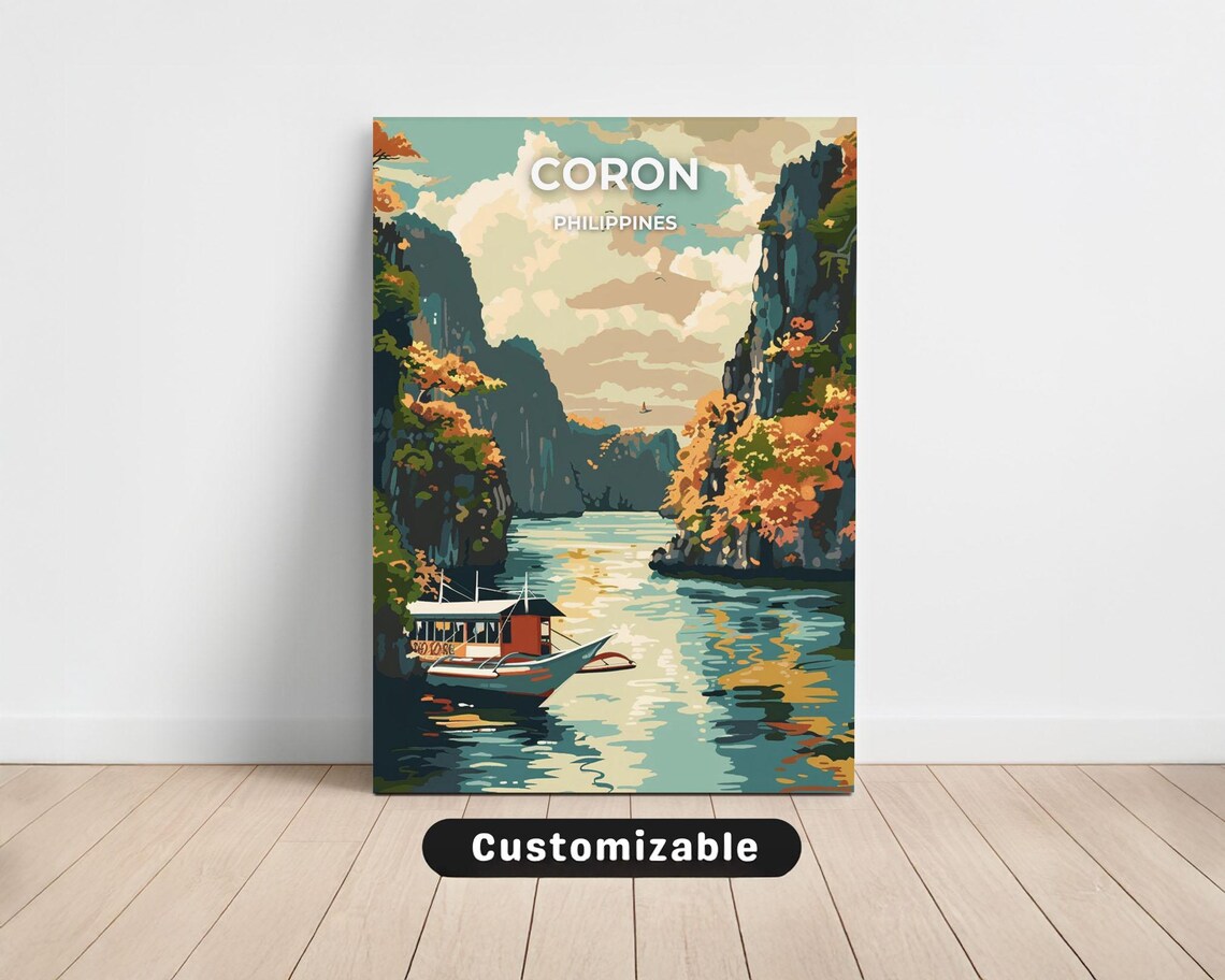 Coron Philippines Limestone Lagoon Tour Boat Vintage Travel Art Poster