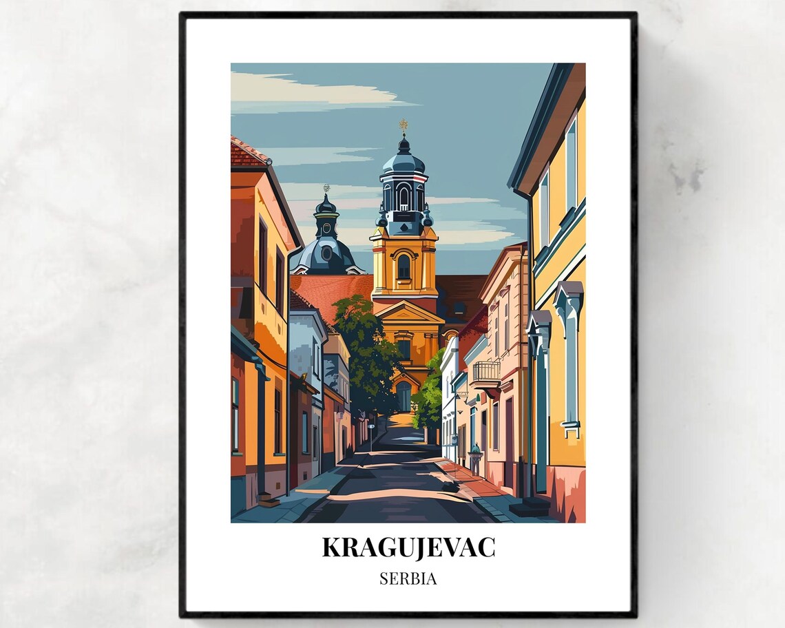 Kragujevac Serbia Historic Street and Church Towers Travel Poster