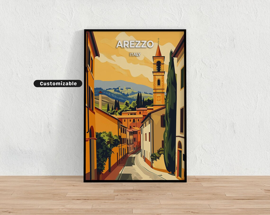 Arezzo Italy Sunset Street Bell Tower Vintage Travel Poster Art