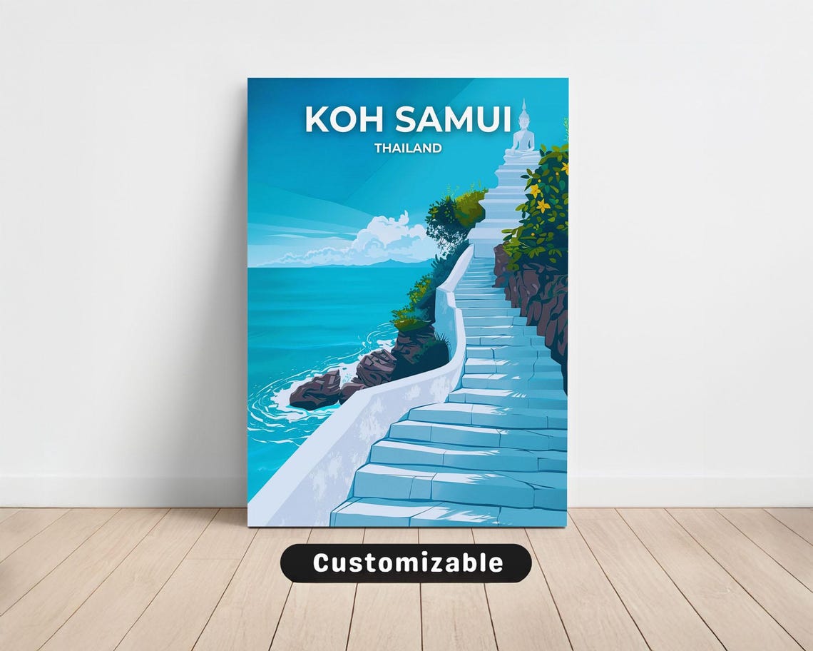 Koh Samui Thailand White Buddha Statue Cliffside Stairs Travel Poster