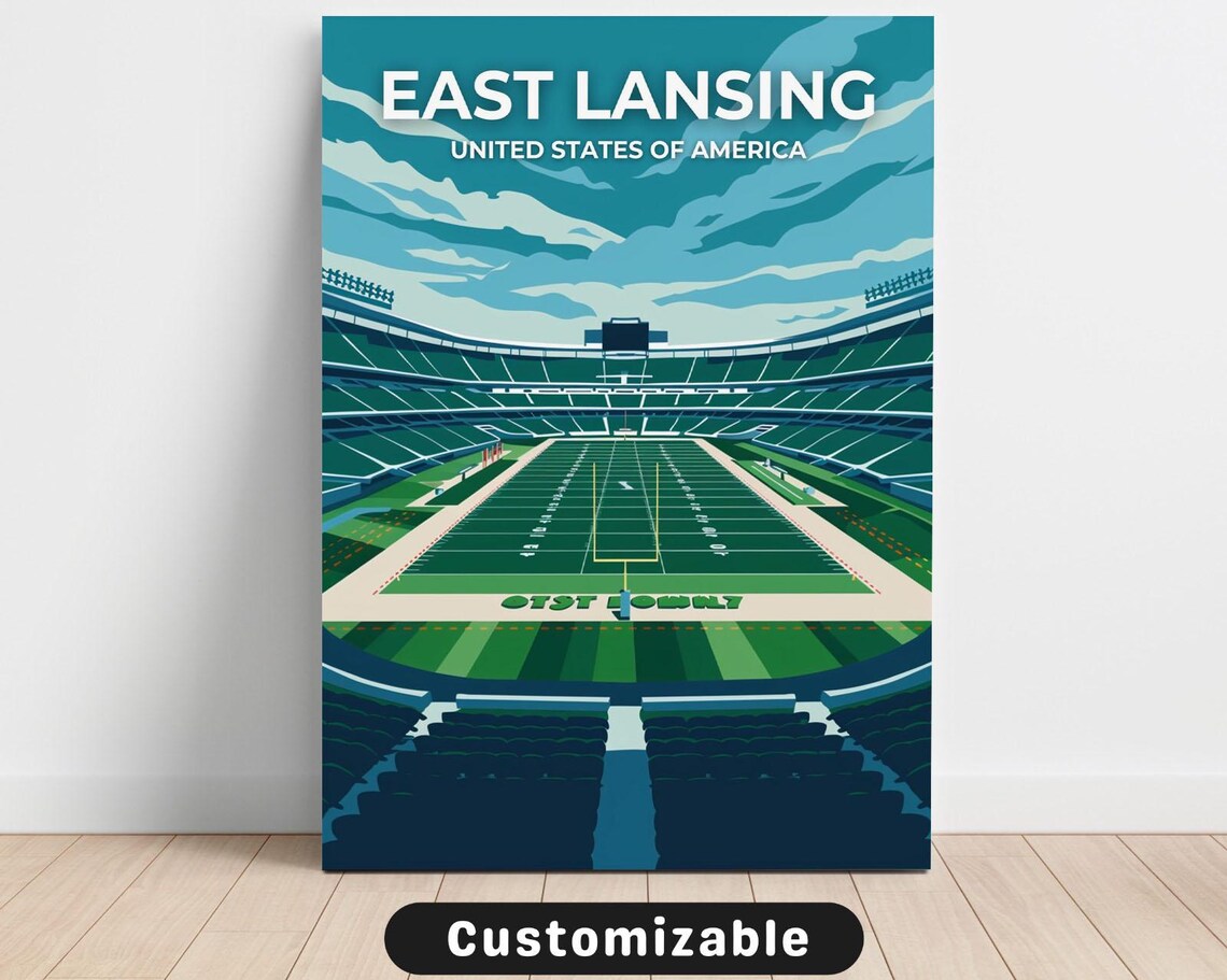 East Lansing Football Stadium Travel Poster with Green Field View