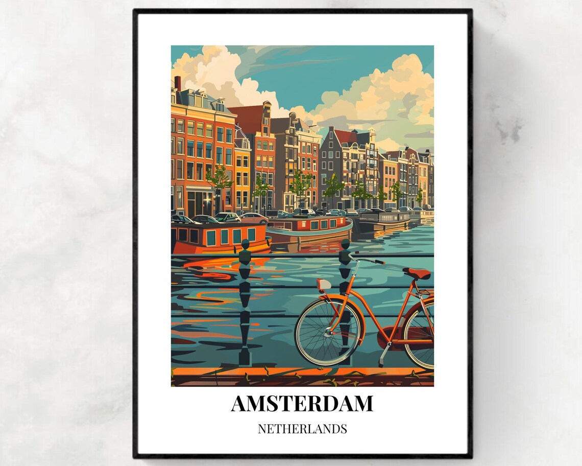 Amsterdam Netherlands Canal Houseboats Bicycle Vintage Travel Poster
