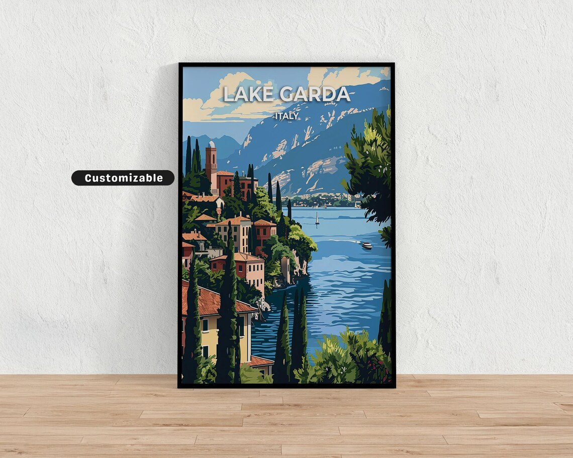 Lake Garda Italy Lakeside Village Cypress Mountains Travel Poster