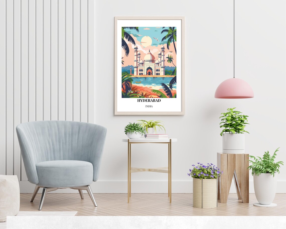 Hyderabad India White Domed Mosque Lake Sunset Travel Poster - Image 2