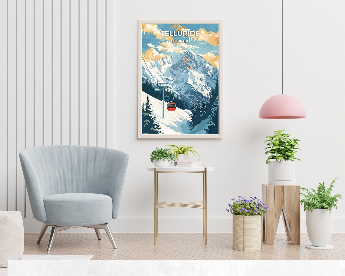 Telluride Colorado Gondola Snowy Peaks Ski Resort Travel Poster Art - Image 2
