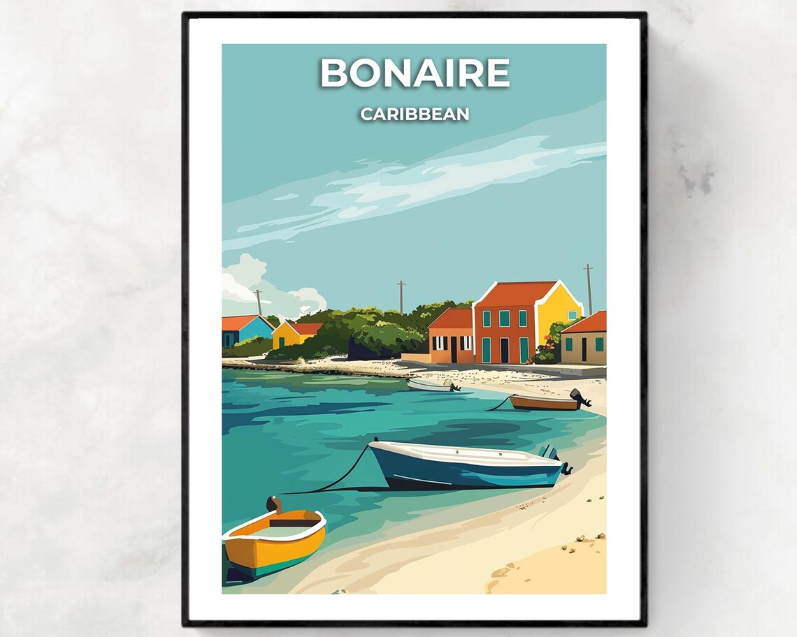 Bonaire Caribbean Bay With Colorful Houses And Anchored Boats Poster