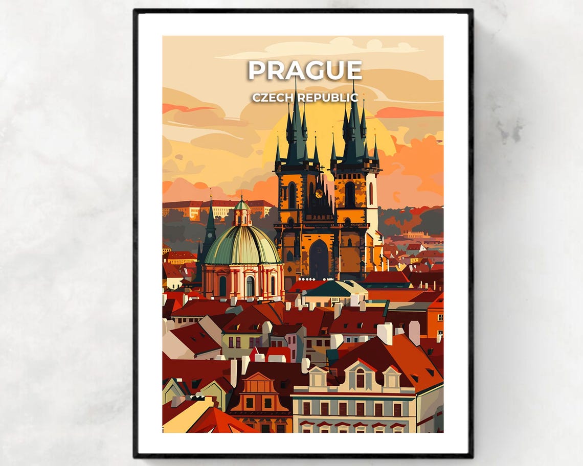 Prague Czech Republic Historic Old Town Sunset Vintage Travel Poster