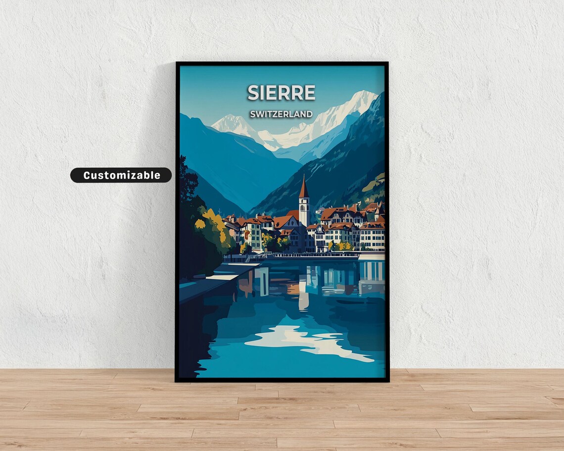 Sierre Switzerland Lake Town Church Reflection Alpine Travel Poster