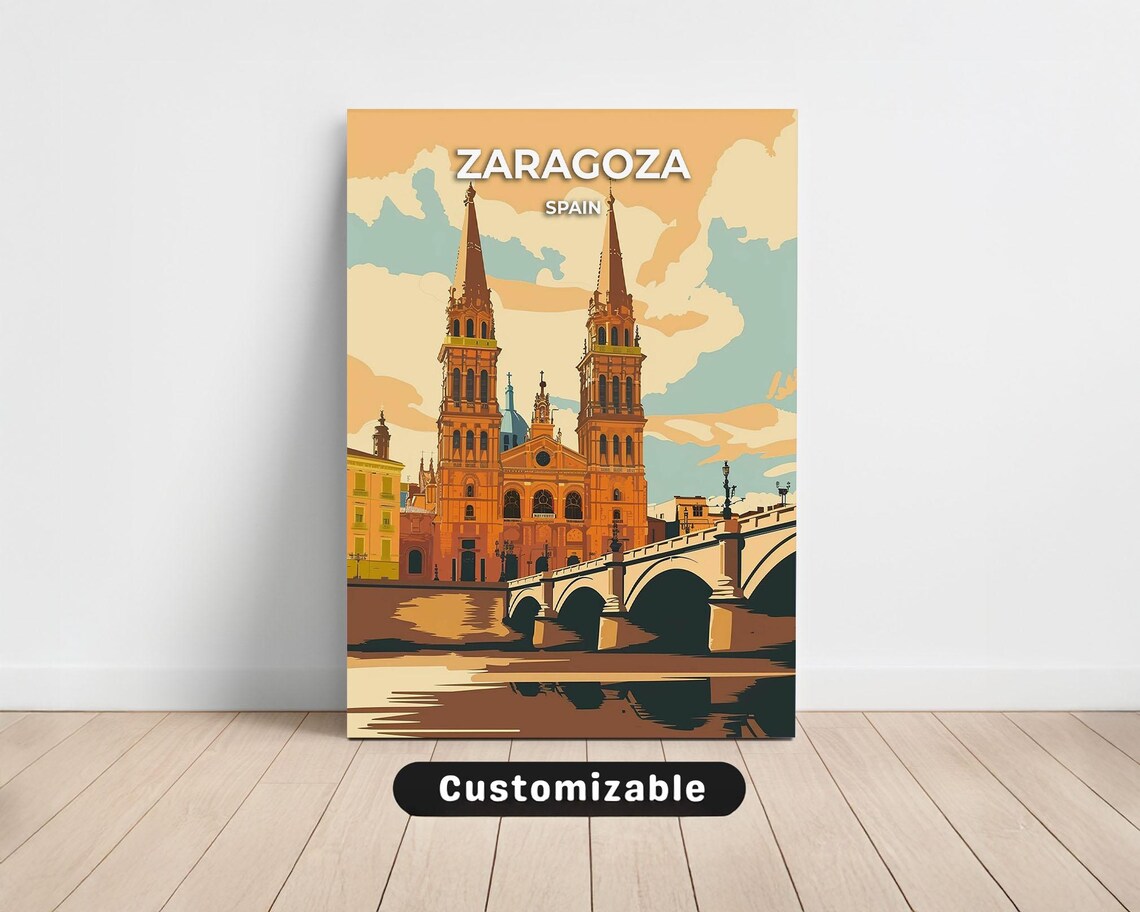 Zaragoza Spain Cathedral Twin Towers Riverside Vintage Travel Poster
