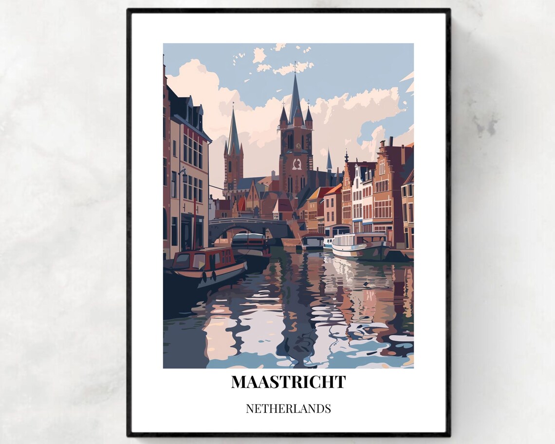 Maastricht Netherlands Canal Church Spires Old Town Reflection Poster