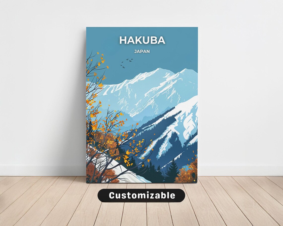 Hakuba Japan Travel Poster Snowy Mountain Autumn Foliage Landscape
