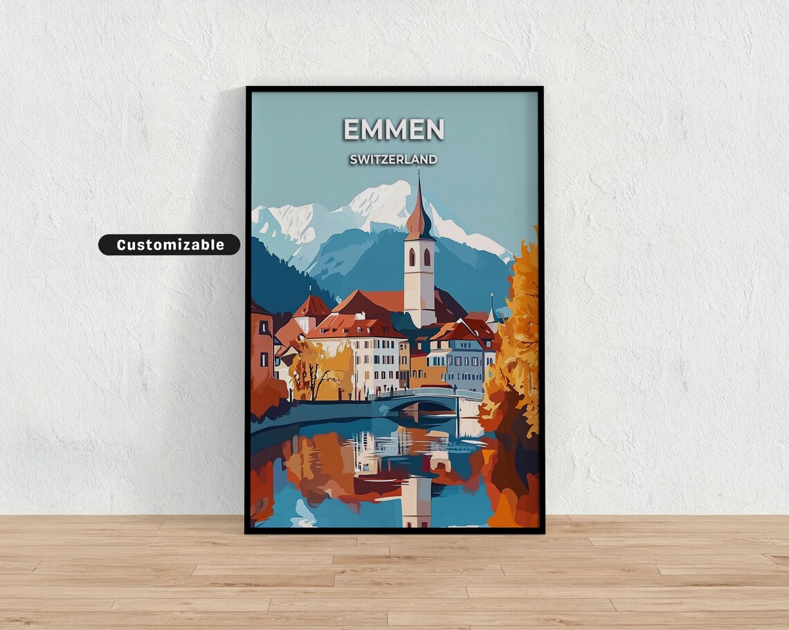 Emmen Switzerland Autumn Lakeside Reflection Vintage Travel Poster