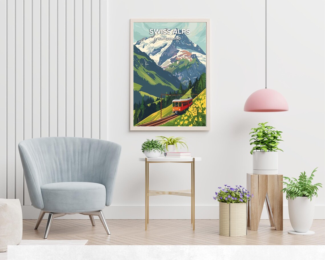Swiss Alps Red Mountain Train Snowy Peaks Meadow Vintage Travel Poster - Image 2