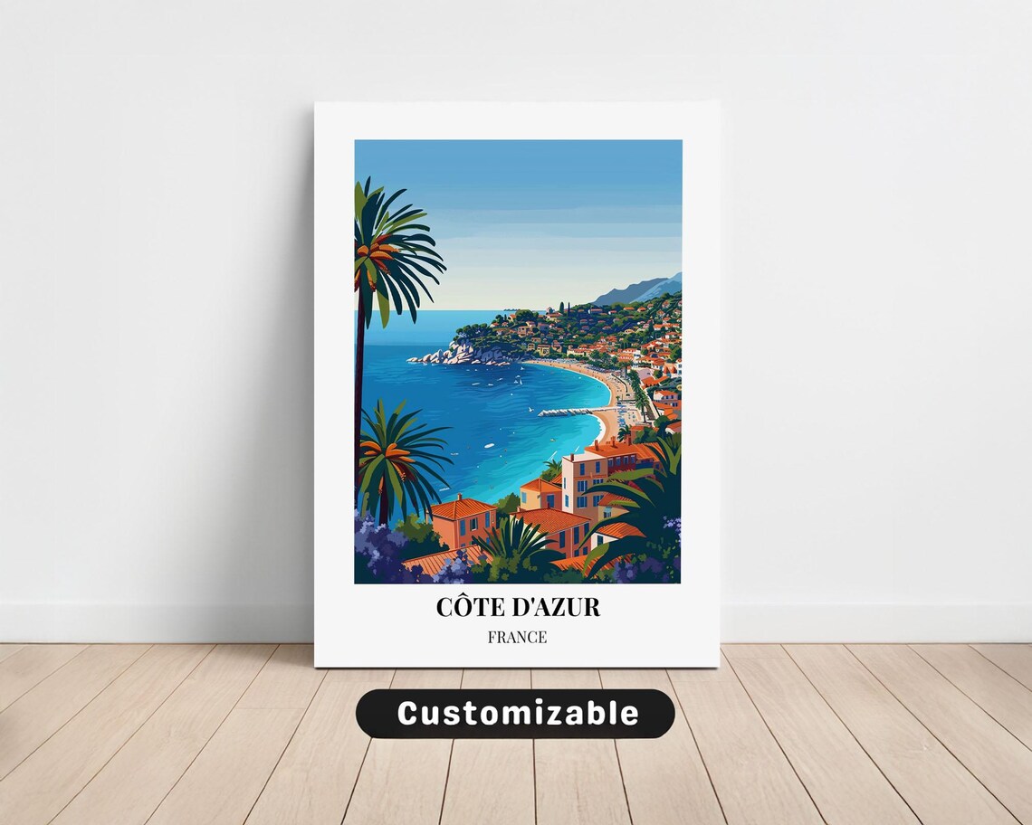 Côte d'Azur France Mediterranean Beach Palms Riviera Travel Poster