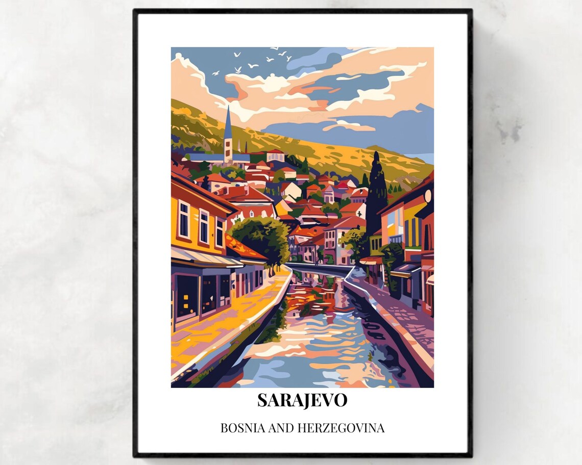Sarajevo Bosnia Old Town River Street Hillside View Travel Poster