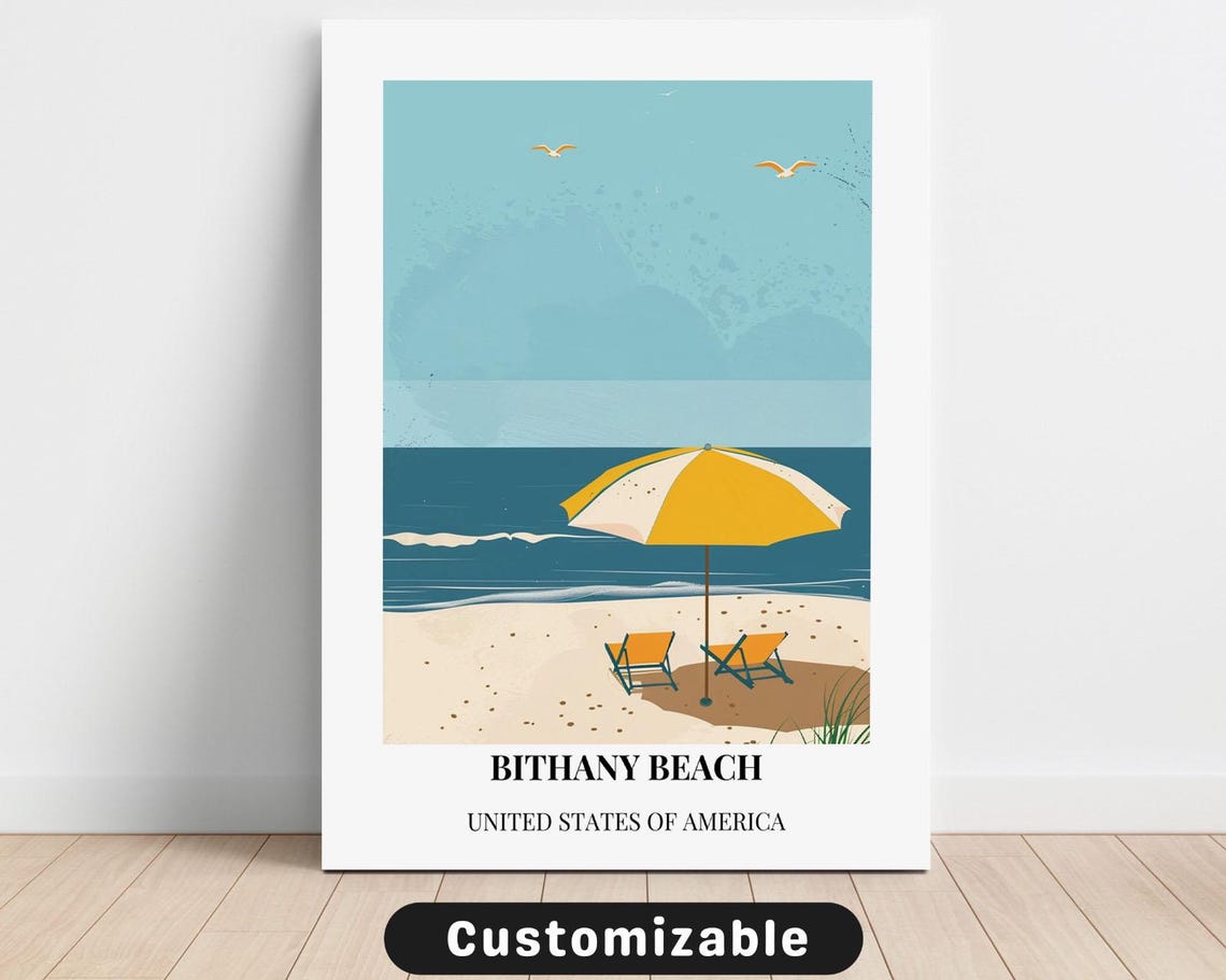Bithany Beach Seagull Shore Minimalist Border Travel Art Poster