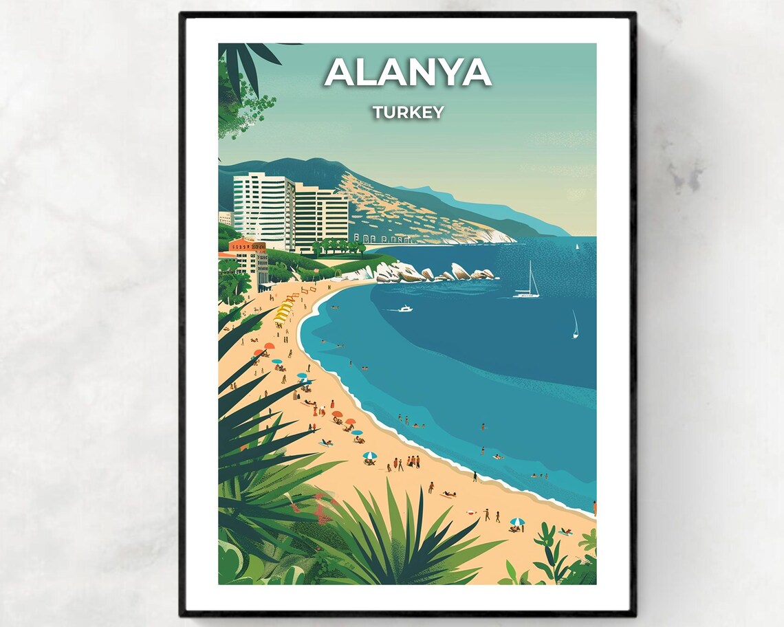 Alanya Turkey Sunny Beach Day with Resort Hotels and Palm Trees Poster