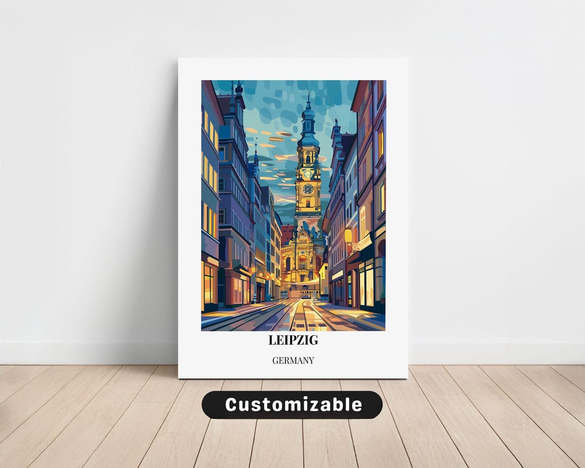 Leipzig Germany Night Street Old Town Tower Vintage Travel Poster
