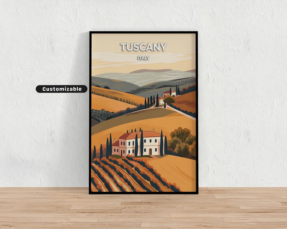 Tuscany Italy Rolling Hills Cypress Villa Sunset Travel Poster