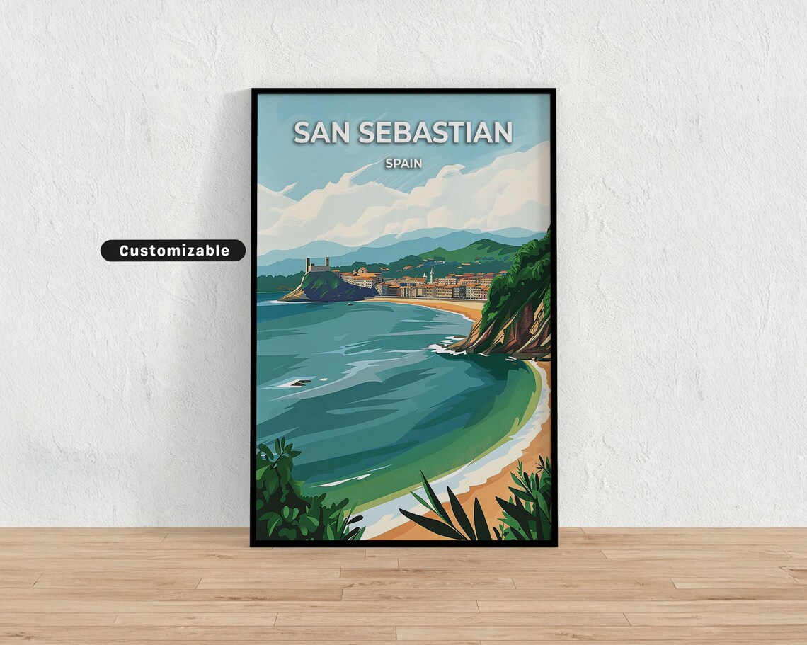 San Sebastian Spain La Concha Bay Crescent Beach Travel Poster