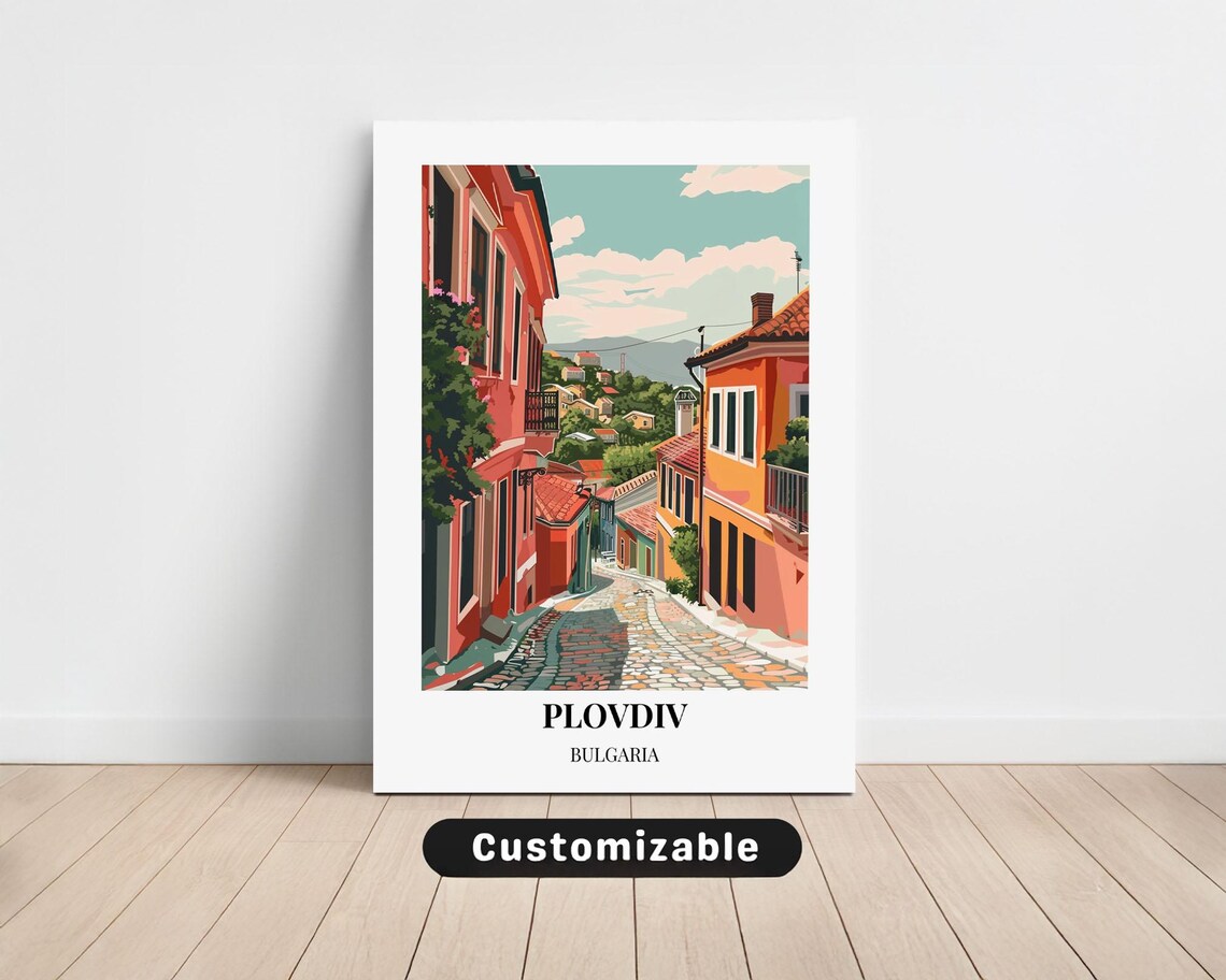 Plovdiv Bulgaria Cobblestone Street Colorful Houses Travel Poster Art
